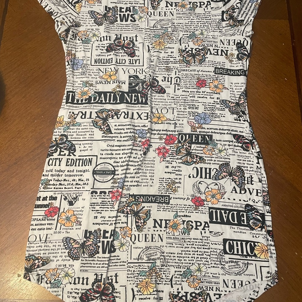 Newspaper Print Dress with Floral Accents
